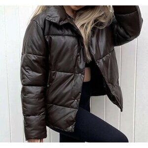 Zara Blogger Chocolate Brown Faux Leather Quilted Puffer Coat Jacket Large L